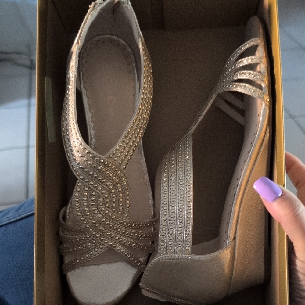 Charter Club Gold T-Strap Heels with Mesh Pattern